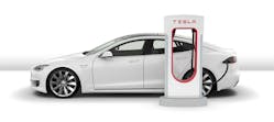 Figure 8- A Tesla EV connected to a Tesla supercharger, one of today&apos;s fastest EV charging appliances.