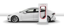 Figure 8- A Tesla EV connected to a Tesla supercharger, one of today's fastest EV charging appliances. Figure 8- A Tesla EV connected to a Tesla supercharger, one of today's fastest EV charging appliances.