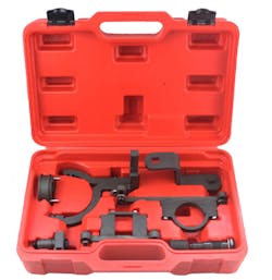 Figure 2- On today's vehicles, it's common to need holding fixtures during retiming of the camshaft and crankshaft Figure 2- On today's vehicles, it's common to need holding fixtures during retiming of the camshaft and crankshaft