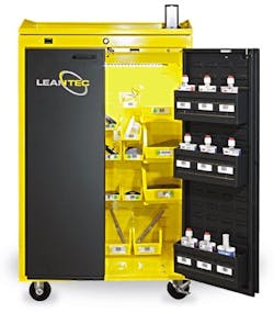 One of LeanTec’s products, the secure mobile cart, holds approximately 60 products organized into multi-sized bins,with a secure Bluetooth latch, door sensors, an alarm and the ability to limit employee access. One of LeanTec’s products, the secure mobile cart, holds approximately 60 products organized into multi-sized bins,with a secure Bluetooth latch, door sensors, an alarm and the ability to limit employee access.