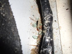 Figure 6- This glass was found under the right-side rocker interior trim panel, indicating that at one time, the passenger window had been broken. Figure 6- This glass was found under the right-side rocker interior trim panel, indicating that at one time, the passenger window had been broken.