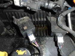 Figure 5- Engine oil spilled on the valve cover, possibly entering the spark plugs wells, causing a misfire. Figure 5- Engine oil spilled on the valve cover, possibly entering the spark plugs wells, causing a misfire.