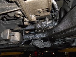 Figure 2- Leakage from a PTU that caused a burning smell from the exhaust system after the technician repaired a burning smell from the brakes. Figure 2- Leakage from a PTU that caused a burning smell from the exhaust system after the technician repaired a burning smell from the brakes.