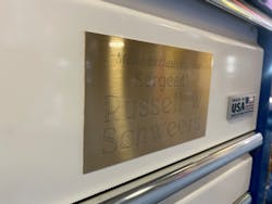 Schweers' brass identifier plate on the top left corner of his toolbox says, “Made Exclusively for Sergeant Russell W. Schweers,” in honor of the seven years he spent in the service. Schweers' brass identifier plate on the top left corner of his toolbox says, “Made Exclusively for Sergeant Russell W. Schweers,” in honor of the seven years he spent in the service.