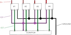 Figure 6- The purple wire at the ECCM represents 'IGF.' This is the feedback circuit to provide the ECM with a confirmation that the Ignition event occurred. This circuit is parallel by design and therefore only one input is available for all coils commonly. Figure 6- The purple wire at the ECCM represents 'IGF.' This is the feedback circuit to provide the ECM with a confirmation that the Ignition event occurred. This circuit is parallel by design and therefore only one input is available for all coils commonly.