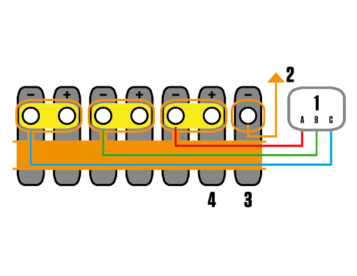 1-High Voltage Battery Control Module; 2-High Voltage Cable; 3-Cell (Negative Connection); 4-Cell (Positive Connection); 5-Battery Bus Bar A) Battery Block 1 sensing wire B) Battery Block 2 sensing wire C) Battery Block 3 sensing wire