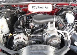 Figure 3 - PCV fresh air inlet hose can be seen connected to the throttle body snorkel after the mass airflow sensor. Disconnecting this hose at the valve cover caused no change in fuel trim values. Figure 3 - PCV fresh air inlet hose can be seen connected to the throttle body snorkel after the mass airflow sensor. Disconnecting this hose at the valve cover caused no change in fuel trim values.