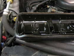 Figure 5 - Leaking valve cover gasket on right bank of engine causing air leak into crankcase. Figure 5 - Leaking valve cover gasket on right bank of engine causing air leak into crankcase.