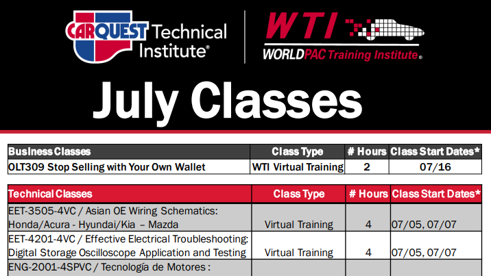 CTI+WTI release July class schedule Vehicle Service Pros