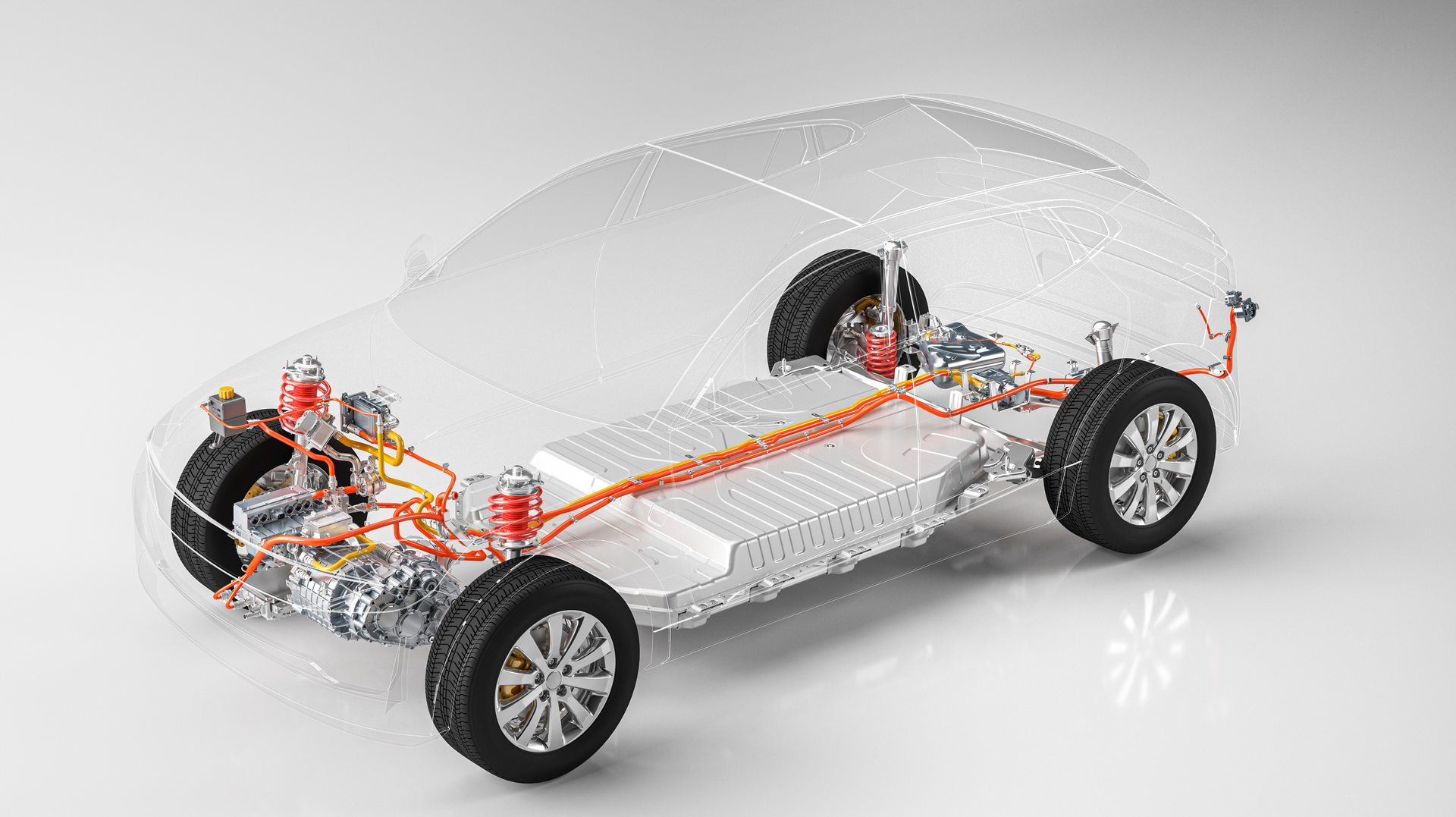 A cutaway illustration of a battery electric vehicle.