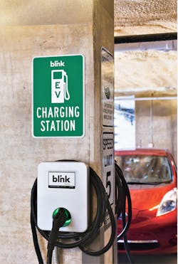 Figure 7- This Blink IQ 200 is a Level 2 charger that can be installed on a wall or pedestal mount. A 240-volt connection is required to power the charger. Figure 7- This Blink IQ 200 is a Level 2 charger that can be installed on a wall or pedestal mount. A 240-volt connection is required to power the charger.