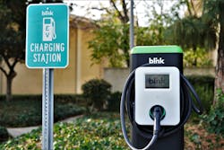 Figure 3- A Blink IQ 200 networked charging station mounted on a pedestal is an effective way to attract customers to your business. With the charging station connected to the Internet, your shop will appear on numerous EV charging apps providing you an opportunity to attract new customers. Figure 3- A Blink IQ 200 networked charging station mounted on a pedestal is an effective way to attract customers to your business. With the charging station connected to the Internet, your shop will appear on numerous EV charging apps providing you an opportunity to attract new customers.