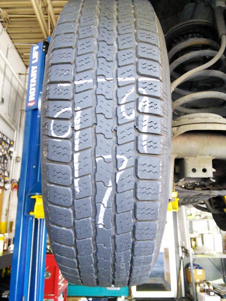 Measure tires across the tread and write the measurement in 32nds in chalk on the tread. Each subsequent inspection will show the number(s) going down, counting down till &ldquo;retirement&rdquo;.