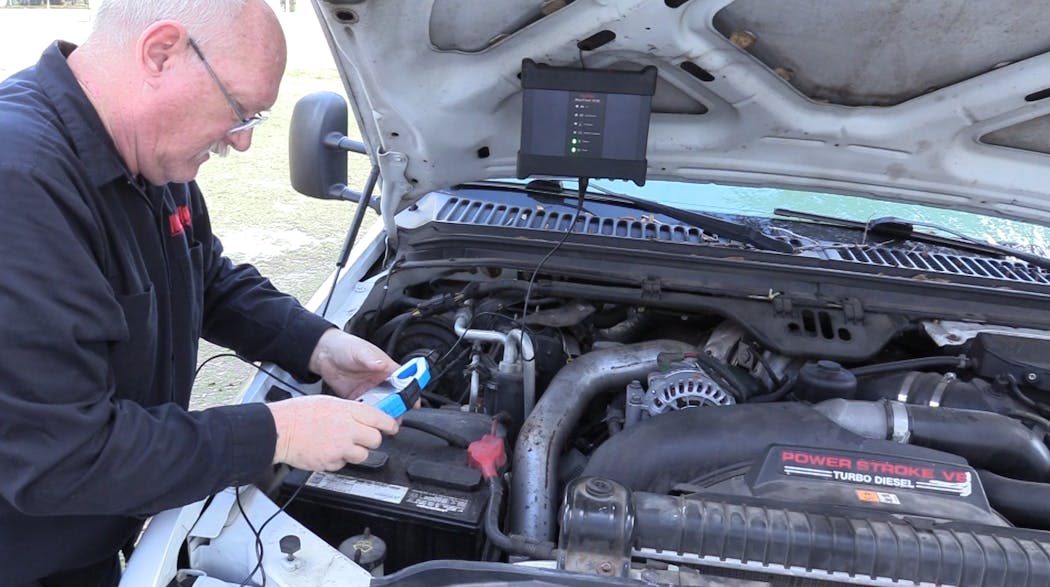Figure 2- Since voltage-drop and current flow are proportional to one another, the relative compression test can be performed by measuring and capturing either current or voltage. As seen here, the amp probe will be placed around the starter circuit.