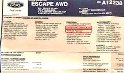 Figure 4- The vehicle window sticker (or a similar printout via the OEM’s dealer site) is the best indicator of the ADAS equipment on the vehicle. We see this vehicle has BLIS (Blindspot Information System) and Ford CO-PILOT 360. Figure 4- The vehicle window sticker (or a similar printout via the OEM’s dealer site) is the best indicator of the ADAS equipment on the vehicle. We see this vehicle has BLIS (Blindspot Information System) and Ford CO-PILOT 360.