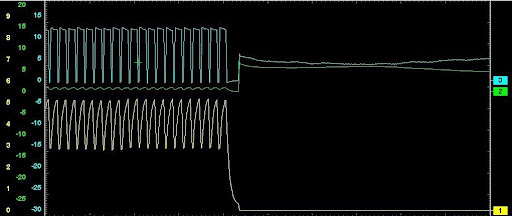 This waveform is similar to the previous trace with the exception that the current flow is positive before the system is shut-off.