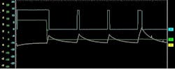 As can be observed from the above waveform, when the voltage on both wires is equal, there is no current flow through the motor. One wire is given a ground (green trace), and the other is controlled with a PWM command. The more positive the PWM, the greater the current flow will be. This particular trace illustrates the point. As can be observed from the above waveform, when the voltage on both wires is equal, there is no current flow through the motor. One wire is given a ground (green trace), and the other is controlled with a PWM command. The more positive the PWM, the greater the current flow will be. This particular trace illustrates the point.