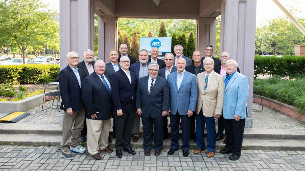 ASE former chairmen helping celebrate the organization's 50th anniversary include, front row, from left: Bobby Bassett (2020), Rick Dube (1988), Tom Trisdale (2019), Greg Gaulin (2015), Mike Phillips (2012), Dennis Terrill, (2002-2003), and Bill Willis (2004); second row, from left: Al Duebber (1997), Mark Polke (2021), Joe Torchiana (2008-2009), Bill Bergen (2005), Ted Hayes (2018), and Rob Barto (2013); back row, from left: Glenn Dahl (2014), Bruce Gerhardt (1998), Mike Coley (1991), and Jeff Walker (2017).