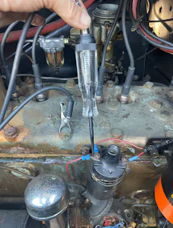 Figure 4- This quick test proves no voltage is available, yielding only a few possibilities of why this ignition system is inoperative. Figure 4- This quick test proves no voltage is available, yielding only a few possibilities of why this ignition system is inoperative.