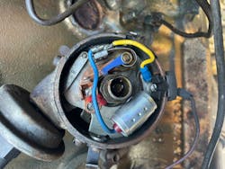 Figure 5- With the ignition points 'open,' there is no path for current to flow through the primary side of the ignition coil. Voltage should be present but is not. This issue must be pursued to find the root cause of the fault. Figure 5- With the ignition points 'open,' there is no path for current to flow through the primary side of the ignition coil. Voltage should be present but is not. This issue must be pursued to find the root cause of the fault.
