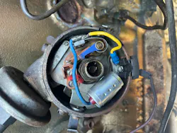 Figure 5- With the ignition points 'open,' there is no path for current to flow through the primary side of the ignition coil. Voltage should be present but is not. This issue must be pursued to find the root cause of the fault. Figure 5- With the ignition points 'open,' there is no path for current to flow through the primary side of the ignition coil. Voltage should be present but is not. This issue must be pursued to find the root cause of the fault.