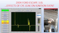 Figure 1- The ignition event is being captured on a DSO simultaneously as shop air is blow across a firing spark plug. this simulates what occurs in-cylinder, during a compression leak. Figure 1- The ignition event is being captured on a DSO simultaneously as shop air is blow across a firing spark plug. this simulates what occurs in-cylinder, during a compression leak.