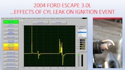 Figure 1- The ignition event is being captured on a DSO simultaneously as shop air is blow across a firing spark plug. this simulates what occurs in-cylinder, during a compression leak. Figure 1- The ignition event is being captured on a DSO simultaneously as shop air is blow across a firing spark plug. this simulates what occurs in-cylinder, during a compression leak.