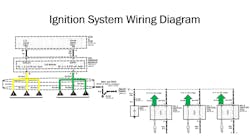 Figure 7- This wiring diagram of the ignition system and CQ signals demonstrates how the system functions and is used to build a diagnostic game plan. Figure 7- This wiring diagram of the ignition system and CQ signals demonstrates how the system functions and is used to build a diagnostic game plan.