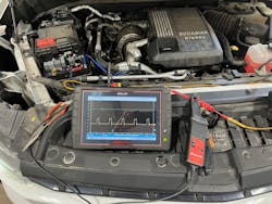 Figure 7- We hooked up our Snap-on Zeus oscilloscope with the Snap-on low amp clamp and also a fuse tap from AES Wave to the ECM fuse that provides power to the injectors. Figure 7- We hooked up our Snap-on Zeus oscilloscope with the Snap-on low amp clamp and also a fuse tap from AES Wave to the ECM fuse that provides power to the injectors.