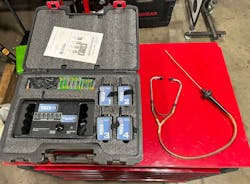 Figure 1- A mechanic’s stethoscope from Snap-on or Matco Wireless Chassis Ears are a great way to help pinpoint engine noise. Figure 1- A mechanic’s stethoscope from Snap-on or Matco Wireless Chassis Ears are a great way to help pinpoint engine noise.