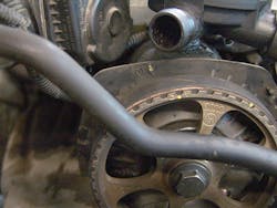 Figure 4 - The camshaft is 1-1/2 teeth out of time. Strangely, the engine ran smooth, although it was lacking in power. I have no idea how long it had been driven in this condition. Figure 4 - The camshaft is 1-1/2 teeth out of time. Strangely, the engine ran smooth, although it was lacking in power. I have no idea how long it had been driven in this condition.