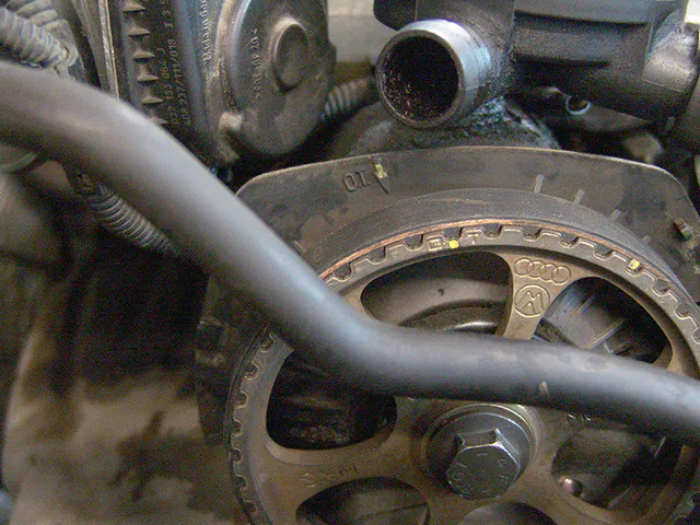 Figure 4 - The camshaft is 1-1/2 teeth out of time. Strangely, the engine ran smooth, although it was lacking in power. I have no idea how long it had been driven in this condition.