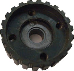 Figure 5 - Crankshaft timing belt sprocket with the locating lug broken. According to the vehicle owner, the timing belt had never been changed and this part had never been taken off the engine. Figure 5 - Crankshaft timing belt sprocket with the locating lug broken. According to the vehicle owner, the timing belt had never been changed and this part had never been taken off the engine.