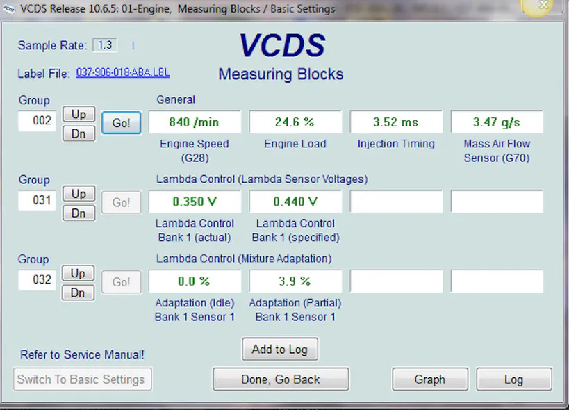 Figure 8 - Scan data with the new MAF installed. Now the data looks correct and then engine is running like it is supposed to run.