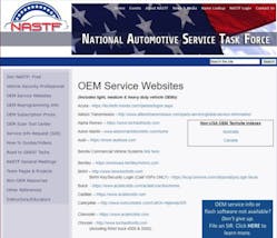 Figure 9 - National Automotive Service Task Force (NASTF.org) provides links to every OEM&rsquo;s factory website for obtaining electronic service information, module software calibrations and scan tool software. NASTF also hosts an easier to remember website that is more simplified; www.OEM1Stop.com