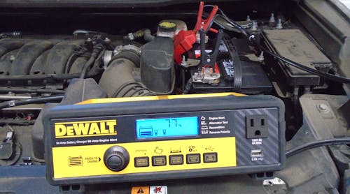 An easy-to-carry battery charger is a great tool to have. This battery is at a 77 percent state of charge, suitable for diagnosing a current draw.
