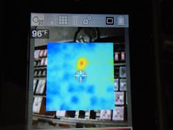 The Snap-on Thermal Imaging tool shows that fuse F23 in the Battery Junction Box is moving current. The Snap-on Thermal Imaging tool shows that fuse F23 in the Battery Junction Box is moving current.