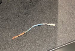 Figure 12- This wire and pin fell apart while removing the tape that was “sealing” it from the elements. Figure 12- This wire and pin fell apart while removing the tape that was “sealing” it from the elements.