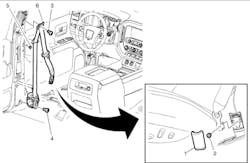 Figure 7- The seatbelt retractor has an igniter in it – not unlike an airbag. In the event of a crash, these will deploy, and need to be replaced. Figure 7- The seatbelt retractor has an igniter in it – not unlike an airbag. In the event of a crash, these will deploy, and need to be replaced.