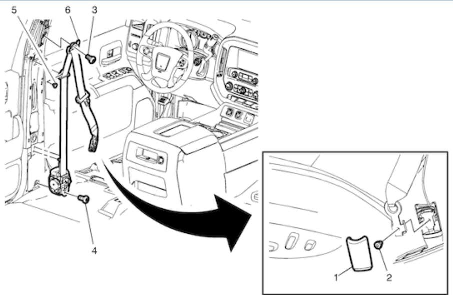 Figure 7- The seatbelt retractor has an igniter in it &ndash; not unlike an airbag. In the event of a crash, these will deploy, and need to be replaced.