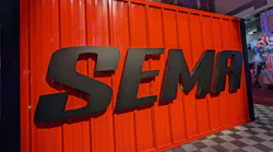 The SEMA sign welcoming attendees to the show.