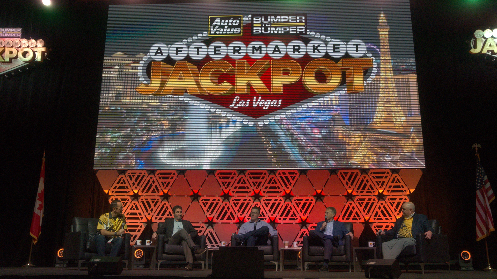 (Left to Right): JC Washbish (Aftermarket Auto Parts Alliance), Eric Sills (Standard Motor Products), Adam Carolla, Chris Pruitt (East Penn Manufacturing) and Corey Bartlett (Automotive Parts Headquarters), Wednesday morning kicked off with an industry panel that discussed industry outlooks, their excitement for AAPEX and shared memories of their favorite car experiences.