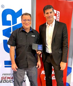 Figure 1- (left to right) Jeff Poole, I-CAR Manager, Subject Matter Expert, and Dirk Fuchs, I-CAR Director, Technical Programs &amp; Services, with the SEMA Global Media Award.