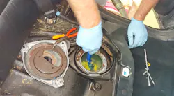 Figure 1-Although this tank appears to be clean from this view, the entire tank must be clean. Delphi Technologies' Fuel Tank Cleaning Tool, No. FC02, is designed to clean a hard-to-drop fuel tank before installing a new pump module.