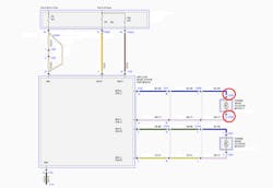 Figure 4: Wiring diagram for an EPB system. Notice how each actuator motor has an A and B circuit. Current polarity is reversed on these circuits to extend and retract the caliper piston. The RED circles indicate where the jumper leads are placed to retract the caliper pistons manually. Figure 4: Wiring diagram for an EPB system. Notice how each actuator motor has an A and B circuit. Current polarity is reversed on these circuits to extend and retract the caliper piston. The RED circles indicate where the jumper leads are placed to retract the caliper pistons manually.