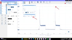 Figure 8- PicoScope 7 software with graphing rulers moved to measure DC inrush current flow Figure 8- PicoScope 7 software with graphing rulers moved to measure DC inrush current flow