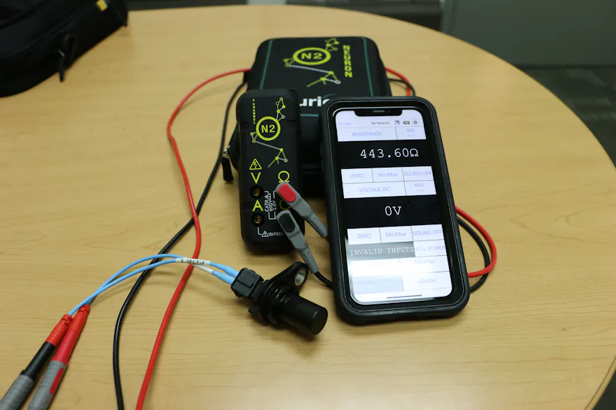 Figure 5- The Curien N2 is a Bluetooth meter capable of measuring voltage, current, and resistance. It also has graphing functions, making measured values easily displayed through a peak of 8,000 Hz sample rate and up to 256 samples in its buffer. Here, it is used to display the static resistance of the variable reluctance camshaft speed/position sensor found in a Ford 2.0L Zetec.