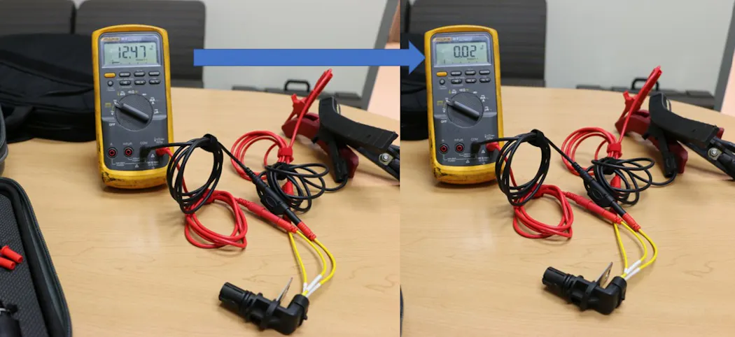 Figure 6- With the Gen II LS CKP sensor on a bench and cycled from high to low, notice measured voltage output cycles between source voltage (peak) and low voltage (valley) with manual lower frequency exciting.