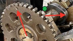 Figure 4- Displayed is the camshaft for bank #1. The red arrow on the cam lobe indexes the apex or tallest point. The green dot represents where the apex should be with the timing gear at about the 12 o’clock position. The cam lobe is almost exactly 180 degrees out of phase (360 crankshaft degrees). Figure 4- Displayed is the camshaft for bank #1. The red arrow on the cam lobe indexes the apex or tallest point. The green dot represents where the apex should be with the timing gear at about the 12 o’clock position. The cam lobe is almost exactly 180 degrees out of phase (360 crankshaft degrees).