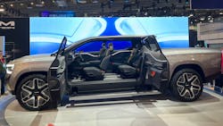 The Ram 1500 Revolution BEV Concept truck features an all glass roof, a steering wheel that can be tucked away, adjustable air suspension, third-row jump seats, and more. The Ram 1500 Revolution BEV Concept truck features an all glass roof, a steering wheel that can be tucked away, adjustable air suspension, third-row jump seats, and more.